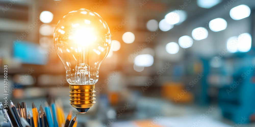 Poster glowing lightbulb with warm light in a workshop setting with blurred blue machinery and stationery c