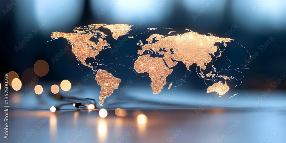 Poster glowing orange world map on a reflective gray surface in front of dark blue background showing globa