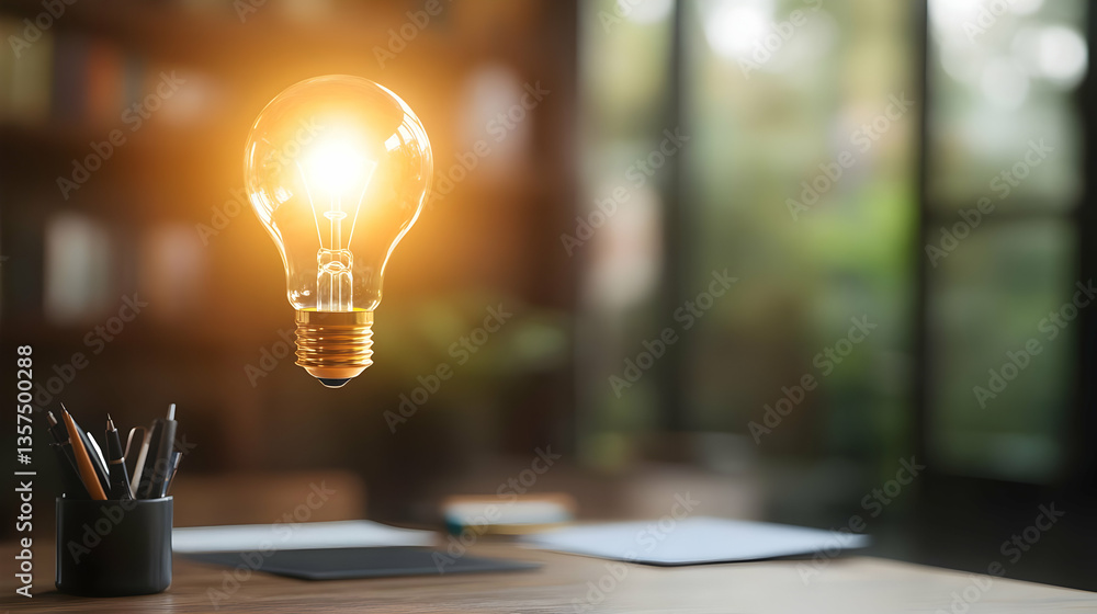 Poster glowing lightbulb floating above wooden desk in office with books and open window symbolizing idea g