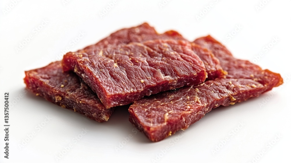 Poster delicious and savory beef jerky slices stacked on a clean white surface capturing the rich texture a