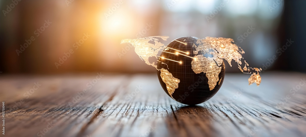 Poster glowing world map on dark wooden table with warm bokeh lights representing global connectivity and d