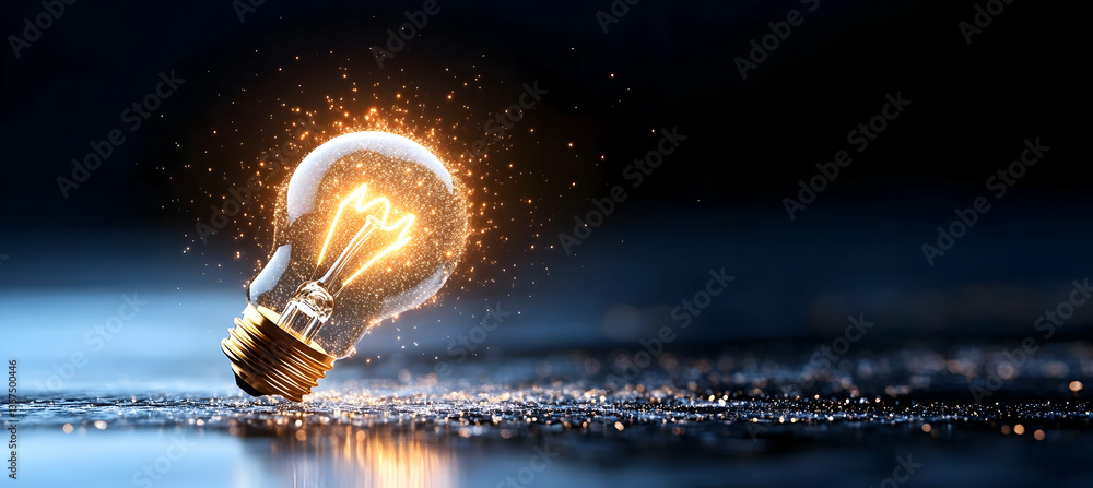 Poster glowing pixelated light bulb on reflective surface in dark ambiance concept of innovation and creati