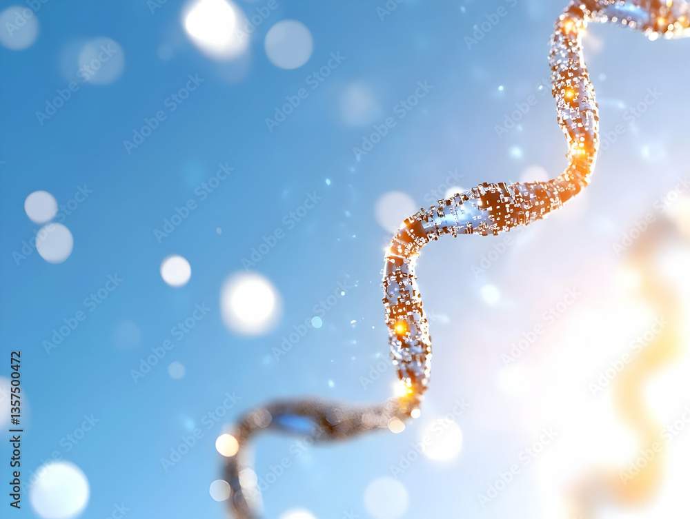 Poster golden and blue double helix dna structure with molecular details on a bright sky background for sci