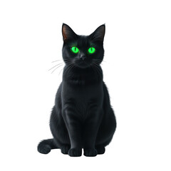 a black cat with glowing green eyes sits against a dark background, creating a spooky halloween image