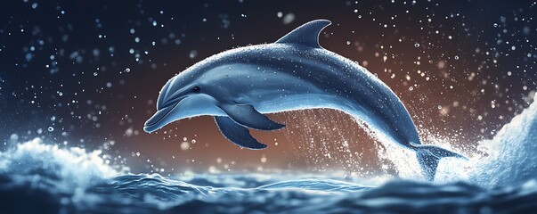 A playful dolphin leaping from the ocean, with water droplets flying in the air,