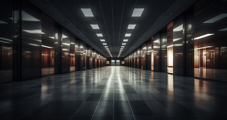 Modern office hallway with reflective tiled floor and warm ambient lighting