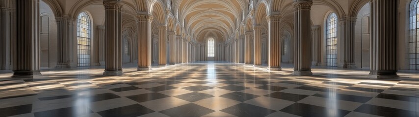 Obraz premium Elegant Basilica Interior with Arches and Marble Floor Illumination