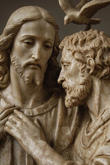 John the Baptist next to Jesus Christ during the mystery of Baptism. The appearance of the Holy Spirit in the form of a dove. Antique marble statue.