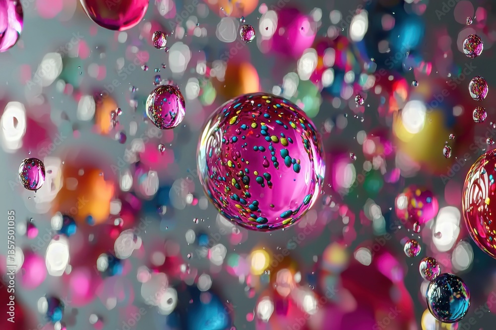 Poster a mesmerizing abstract composition of colorful spheres and water droplets, creating a dynamic and vi