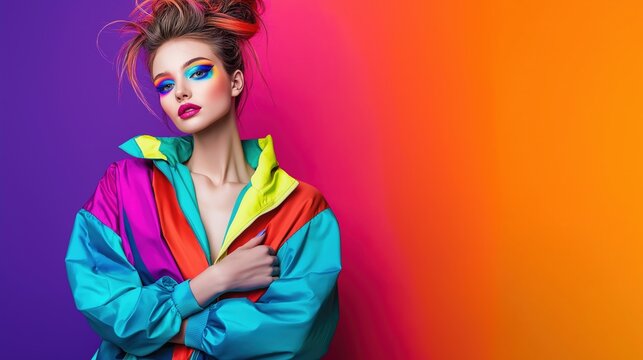 Young woman 90s style fashion portrait with vibrant colors and bold makeup