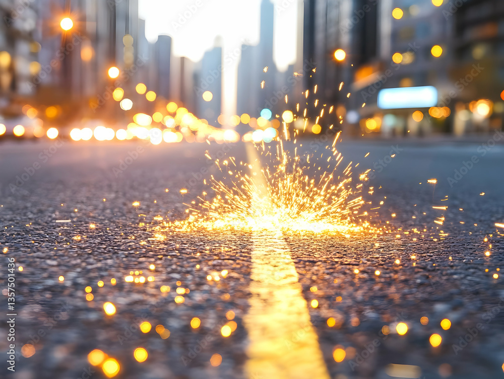 Poster golden sparks bursting on a city street at dusk with blurred traffic lights and high rise buildings 