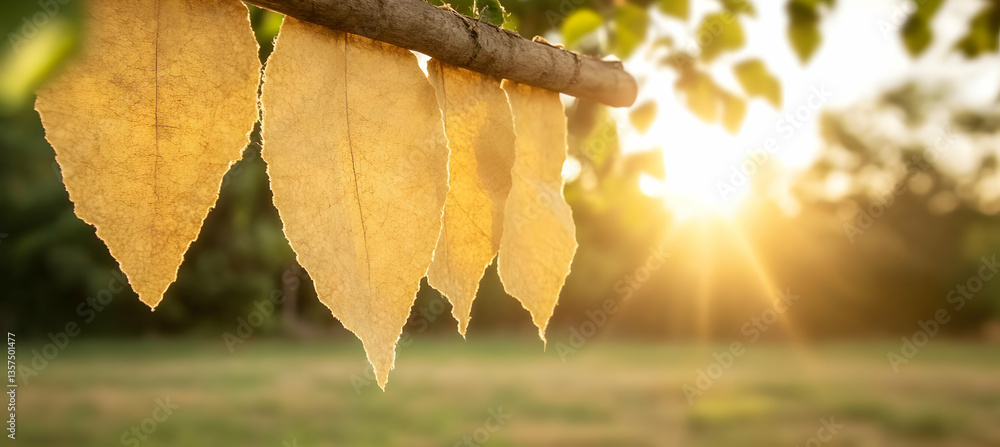 Poster golden sunlight filtering through delicate leaves hanging from a branch with a bokeh green backgroun