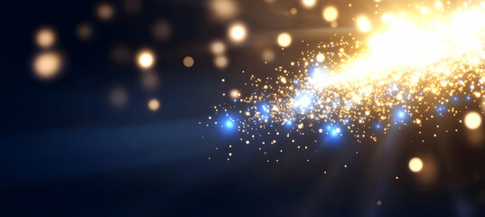 Obraz premium Golden Sparkles and Glittering Light Streaks on Deep Blue Background With Bokeh Effect Creates Abstract Magic and Festive Atmosphere