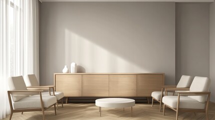 A 3D rendering of a sleek modern interior featuring a wooden sideboard with clean lines and minimalist armchairs in a neutral beige tone