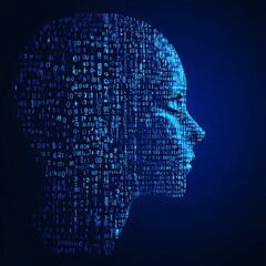 A binary code forming the shape of a human figure, set against a blue background, Artificial intelligence Technology Concept