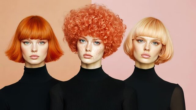 Vibrant Hairstyles Three Models Showcase Orange Curly, Bobbed, and Blonde Hair Against Pastel Background, Exuding Confidence and Style.