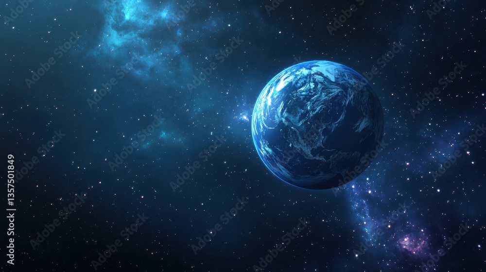 Poster captivating view of earth from space against a backdrop of twinkling stars and celestial nebulae dee