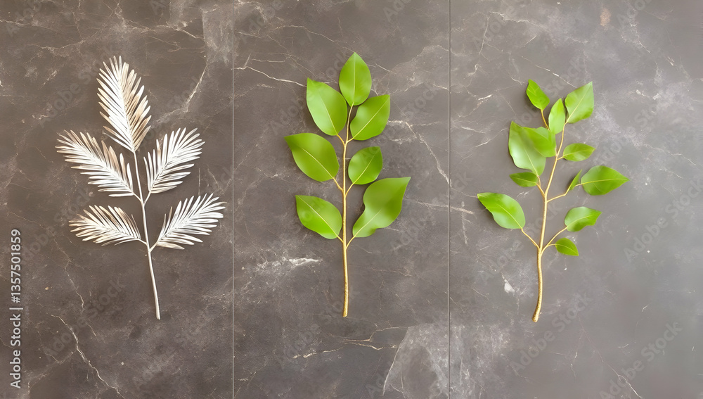 Poster green leaf sprigs on dark textured background with botanical illustrations featuring three different