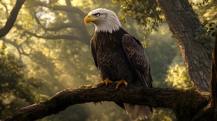 A regal eagle perched on a tree branch, looking into the distance with intense focus,