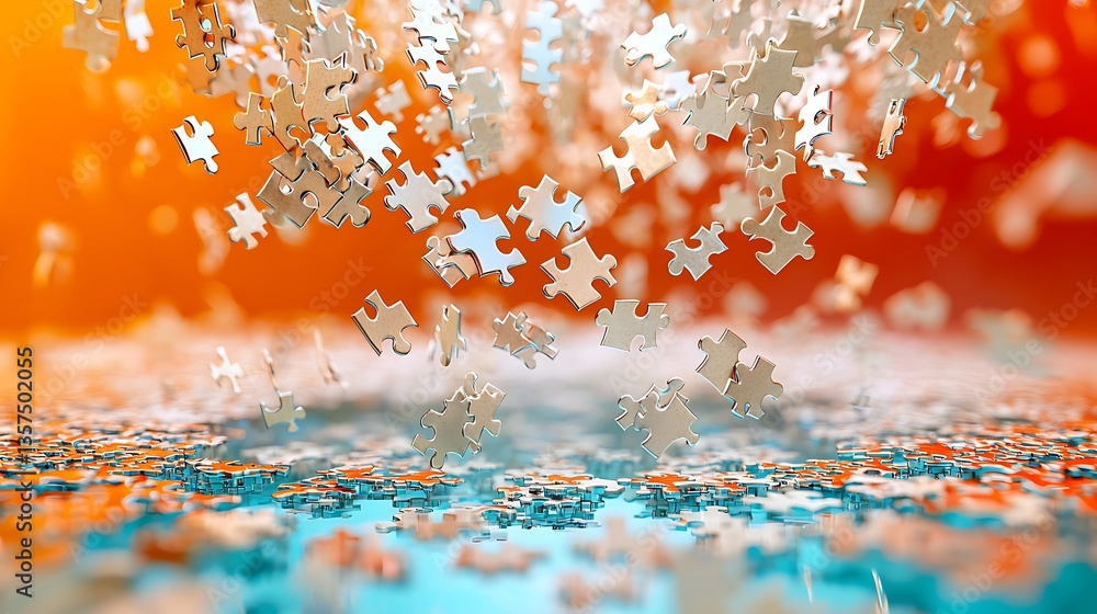 Poster abstract concept of falling puzzle pieces over a colorful background in a creative artistic setting