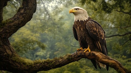 A regal eagle perched on a tree branch, looking into the distance with intense focus,