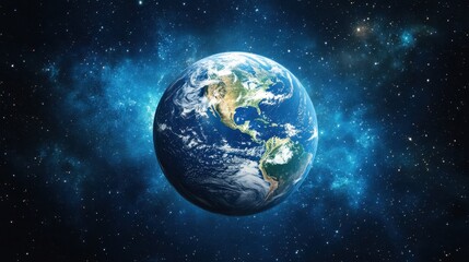 Fototapeta premium Earth from space showing North and South America in a starry nebula background with a cosmic view and blue light