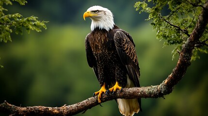 A regal eagle perched on a tree branch, looking into the distance with intense focus,