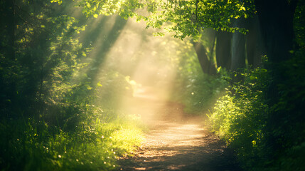 Obraz premium Soft glowing mist over a forest path wallpaper serene nature background tranquil environment enchanting viewpoint