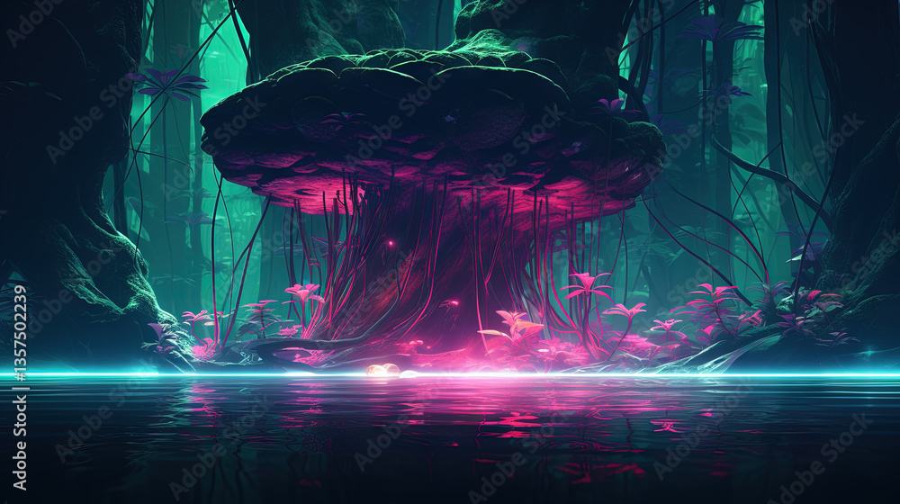Poster neon-lit tree in a mystical jungle with glowing light and vibrant reflections