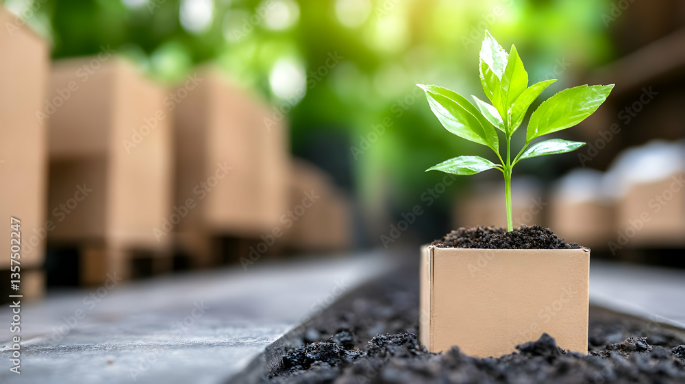 Aufkleber green sprout in cardboard box on soil with cardboard boxes background representing new growth and su
