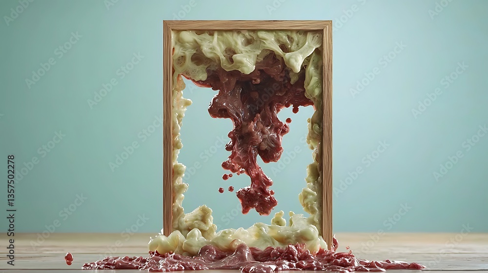 Aufkleber abstract art with colorful fluid shapes spilling out from a wooden frame on a minimal background