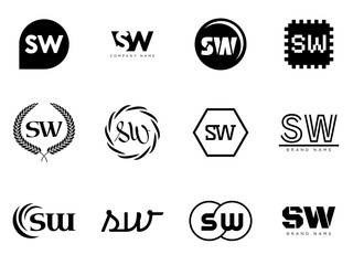 SW logo company template. Letter s and w logotype. Set different classic serif lettering and modern bold text with design elements. Initial font typography.
