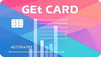 A vibrant get card design with colorful geometric shapes and a chip and a bar graph and number