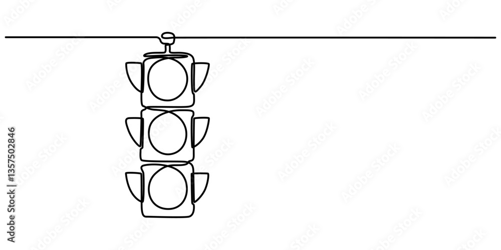 Poster Light traffic one line continuous. Light traffic line art. Hand drawn vector art, Single continuous line drawing of traffic lights that are placed hanging above the highway crossing. There are four. 