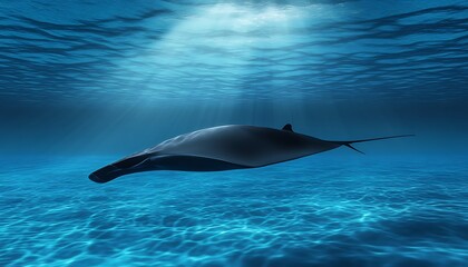 A sleek manta ray gliding effortlessly through the blue ocean, with light filtering from above,
