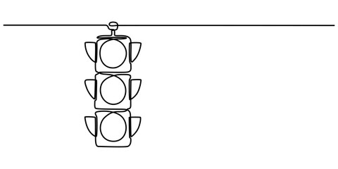 Light traffic one line continuous. Light traffic line art. Hand drawn vector art, Single continuous line drawing of traffic lights that are placed hanging above the highway crossing. There are four. 