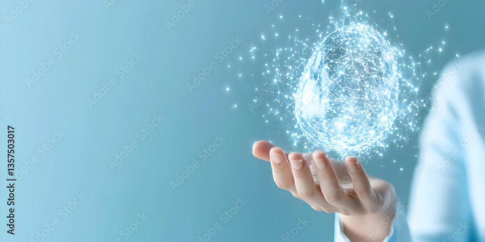 Aufkleber hand presenting glowing sphere of light and sparkles on light blue gradient background representing 