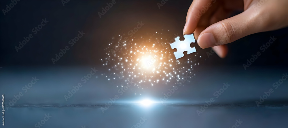 Poster hand placing puzzle piece with glowing light effects on dark background representing completion team