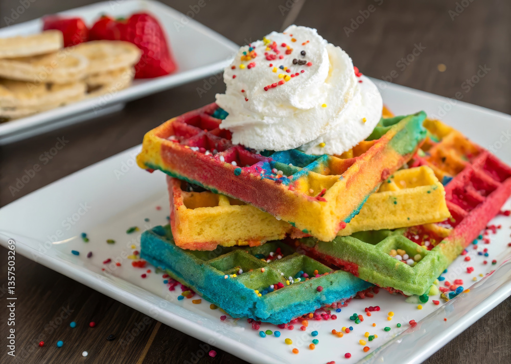Poster a plate with colorful rainbow waffles topped with whipped cream and colorful sprinkles. there is als