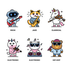 Obraz premium 2d vector illustration icon cool entertainment cartoon character music tools (Drum , Music Note , Headphones ,Microphone , Piano , Guitar ,Record) 