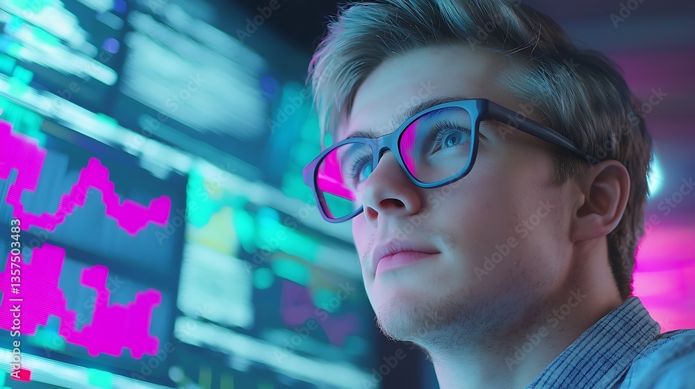 Aufkleber young man analyzing data on screens in modern office with colorful charts and graphs displayed