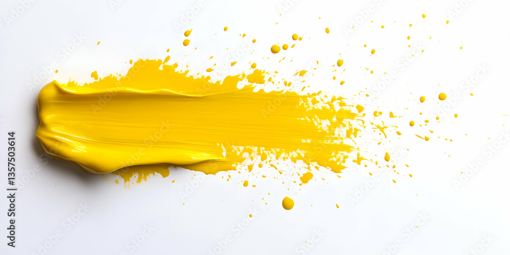 Poster horizontal swath of vivid yellow paint applied with a brush on a white backdrop creating an abstract