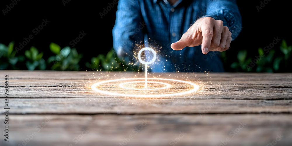 Poster human hand points towards a glowing target symbol on rustic wooden table against dark backdrop with 