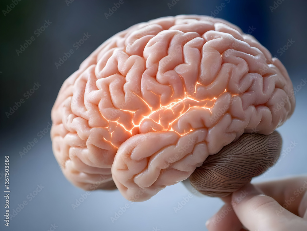 Poster human brain model illuminated in hand representing intelligence and neurology with detailed anatomic