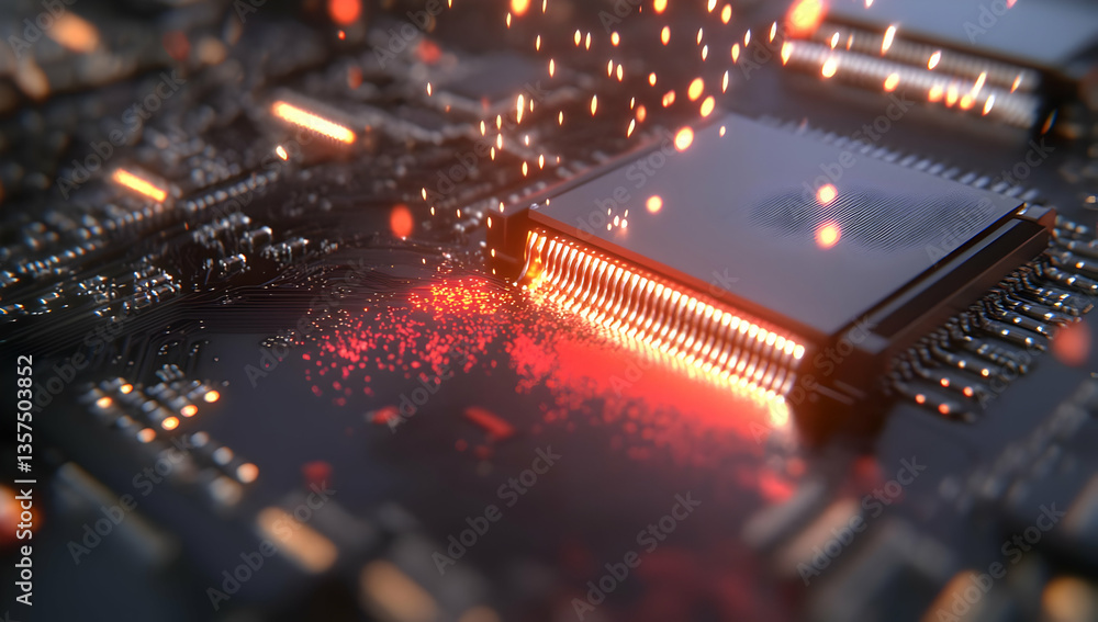 Poster illuminated computer circuit board with orange glowing sparks electronic chip and microchip macro de