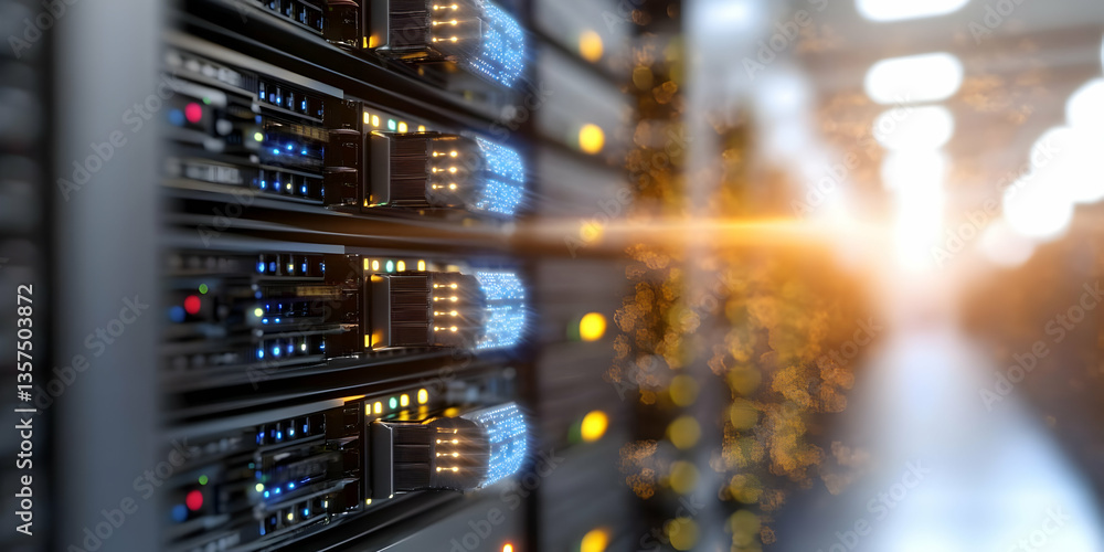 Poster illuminated data center servers in a server room with bright lens flare and focus on a black server 