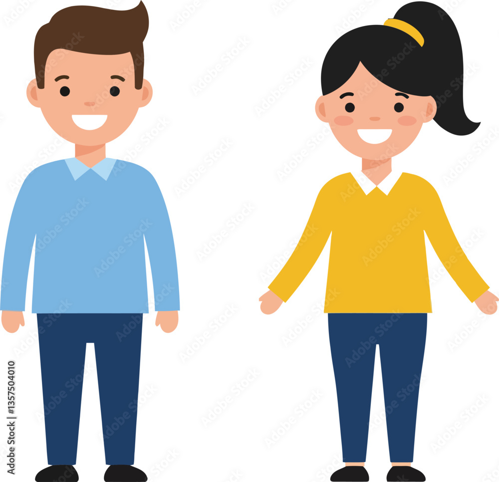 Poster two cheerful characters standing side by side in a flat design style, showcasing vibrant colors and 