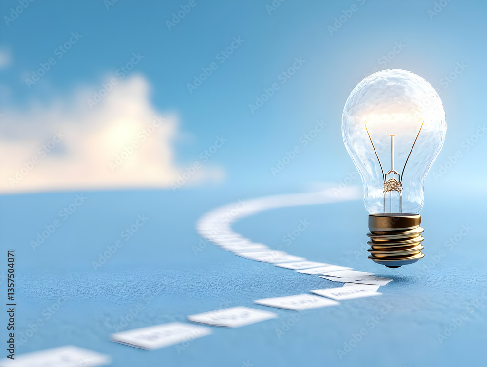 Aufkleber illuminated lightbulb on a blue path leading to a sky with clouds depicting a new idea with conceptu
