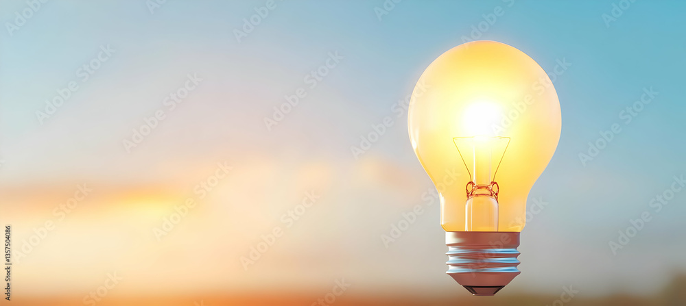 Poster illuminated lightbulb against blurred sky background displaying creativity and innovation with brigh