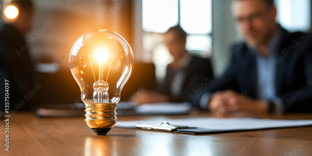 Poster illuminated lightbulb symbolizing a new idea placed on a wooden table with business people discussin